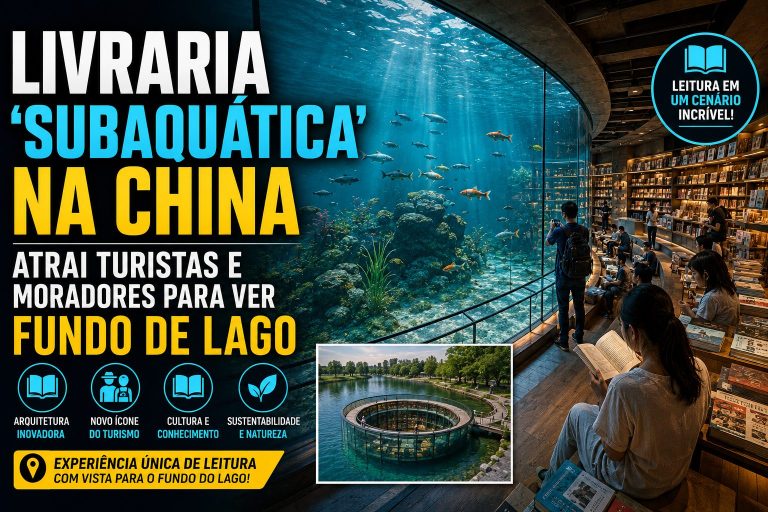 Livraria ‘Subaquática’ na China Atrai Turistas e Moradores com Vista para o Fundo de um Lago