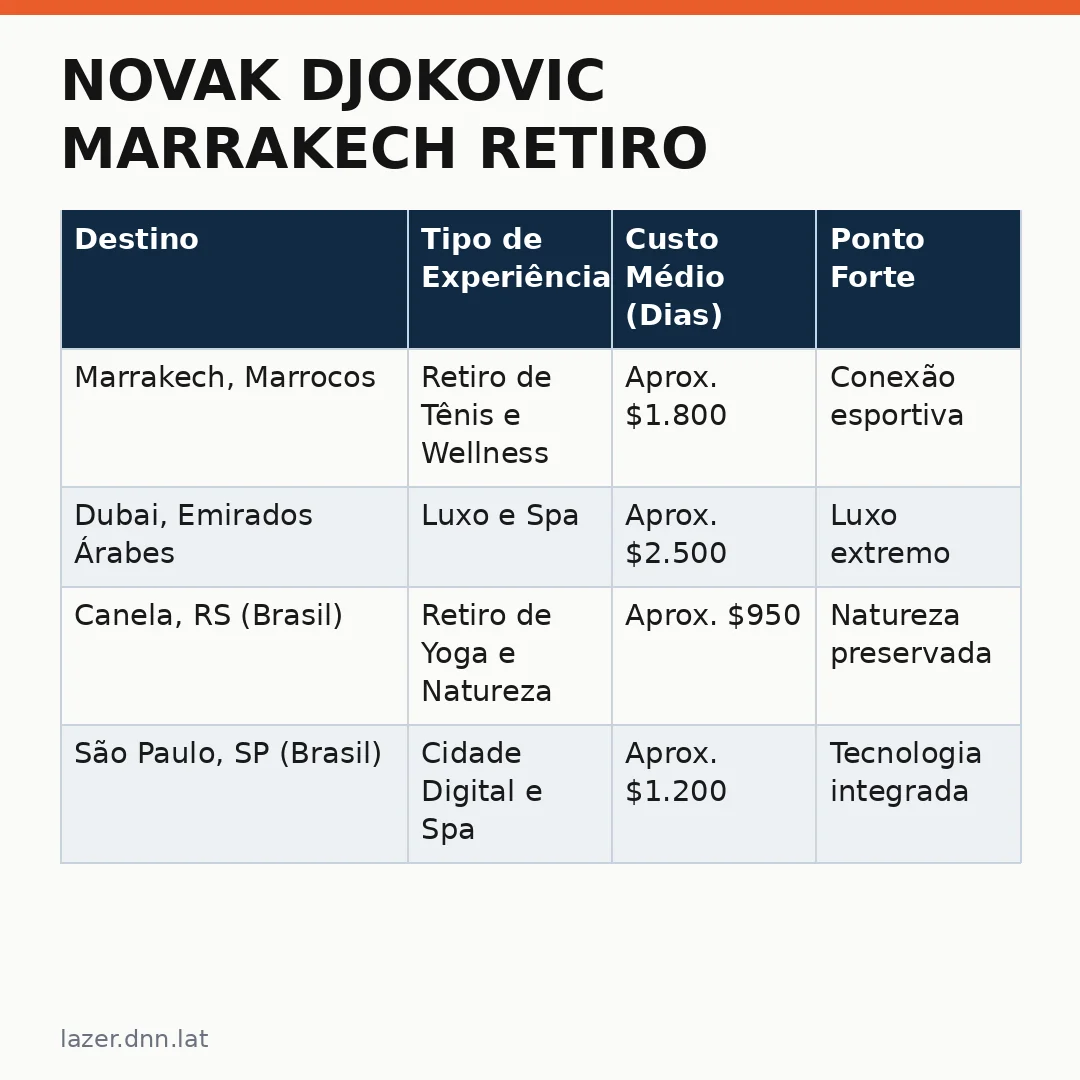 Infográfico - Novak Djokovic Marrakech retiro: Como o tênis e o bem-estar redefinem o turismo no Brasil